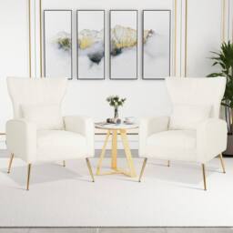 Costway Velvet Upholstered Wingback Chair Tufted Accent Armchair w/Pillow in White - thumbnail 9