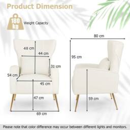 Costway Velvet Upholstered Wingback Chair Tufted Accent Armchair w/Pillow in White - thumbnail 2
