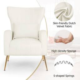 Costway Velvet Upholstered Wingback Chair Tufted Accent Armchair w/Pillow in White - thumbnail 4