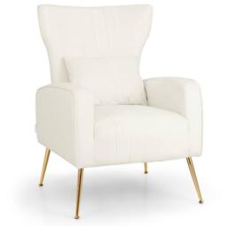 Costway Velvet Upholstered Wingback Chair Tufted Accent Armchair w/Pillow in White - thumbnail 3