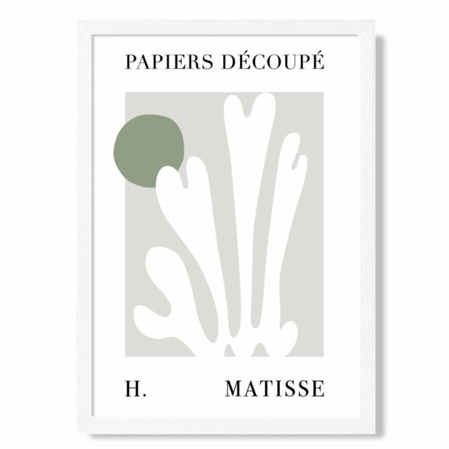 ARTZE Matisse Floral Cutout Sage Green Framed Print SIZE: A2 with White Frame in Pale Green - Size: A4 - image 1