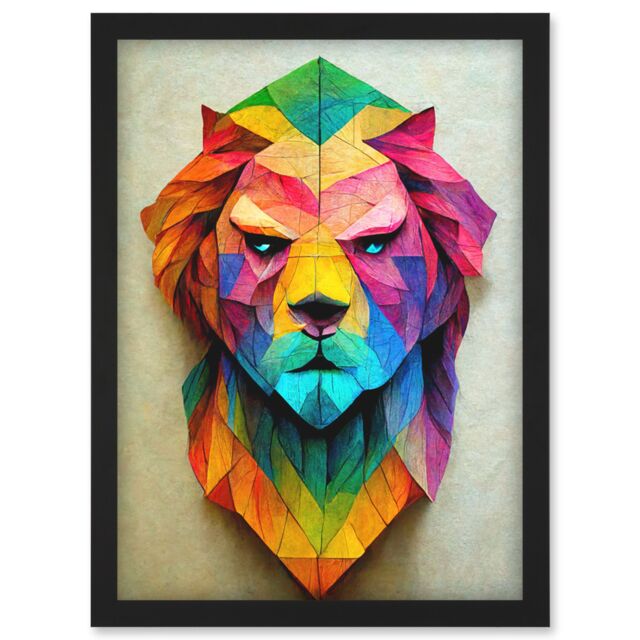Artery8 Vibrant Geometric Lion Head Decoupage Artwork Framed Wall Art Print A4 in Black - image 1