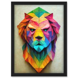 Artery8 Vibrant Geometric Lion Head Decoupage Artwork Framed Wall Art Print A4 in Black - thumbnail 1