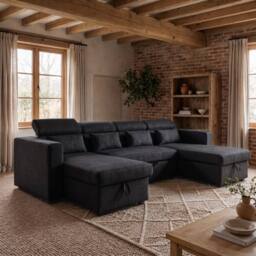 Sofaya Chelsea Sofa Bed Convertible U Shape Linen Couch Hidden Storage in Black - Size: 4 Person - thumbnail 1