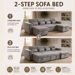 Sofaya Chelsea Sofa Bed Convertible U Shape Linen Couch Hidden Storage in Black - Size: 4 Person - thumbnail 3