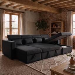 Sofaya Chelsea Sofa Bed Convertible U Shape Linen Couch Hidden Storage in Black - Size: 4 Person - thumbnail 2