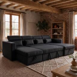 Sofaya Chelsea Sofa Bed Convertible U Shape Linen Couch Hidden Storage in Black - Size: 4 Person - thumbnail 4