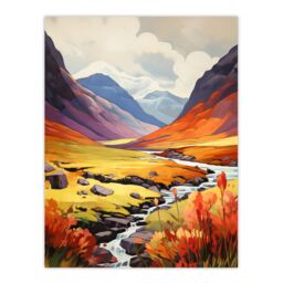 Artery8 Scotland Glencoe Valley Vibrant Oil Painting Majestic Mountains & River w/ Heather Shrubs Large Wall Unframed Art Poster Print Thick Paper - thumbnail 1