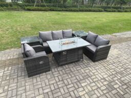 Fimous Garden Patio Furniture Wicker Rattan Gas Fire Pit Table & Sofa Chair set with 2 Side Tables in Dark Grey - thumbnail 3