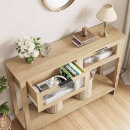 London Boutique Slim Console Table Entryway Sofa Table 2-Tier Hallway Table w/Drawers in Natural - thumbnail 5