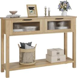 London Boutique Slim Console Table Entryway Sofa Table 2-Tier Hallway Table w/Drawers in Natural - thumbnail 7