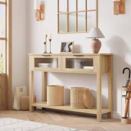 London Boutique Slim Console Table Entryway Sofa Table 2-Tier Hallway Table w/Drawers in Natural - thumbnail 1