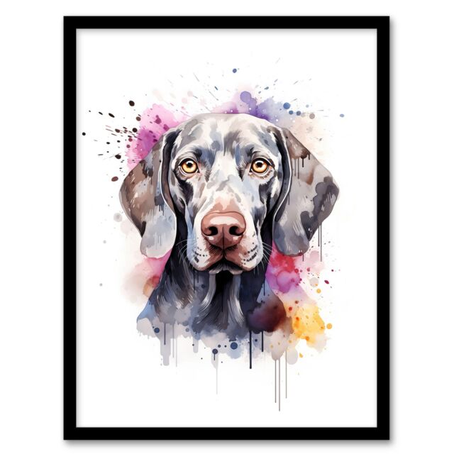 "Artery8 Wall Art Print Weimaraner Lovers Gift Watercolour Pet Portrait Painting Artwork Art Framed - Size: W12"" x H16""" - image 1