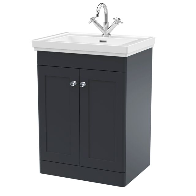 Balterley Bathroom Floor 2-Door Vanity Unit & Fireclay Basin, Dark Grey, 600mm in Grey - image 1