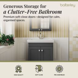 Balterley Bathroom Floor 2-Door Vanity Unit & Fireclay Basin, Dark Grey, 600mm in Grey - thumbnail 3