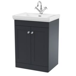 Balterley Bathroom Floor 2-Door Vanity Unit & Fireclay Basin, Dark Grey, 600mm in Grey - thumbnail 1