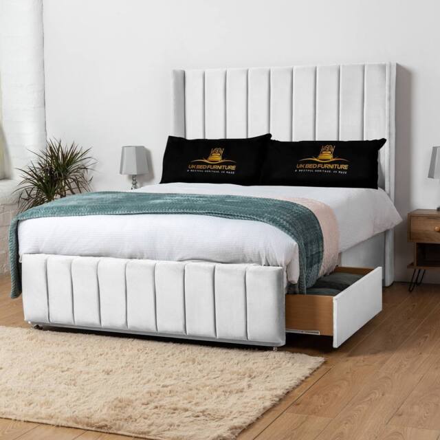 UK Bed Furniture Arizona Wingback Divan Bed with 54Inch Headboard & 2 Drawer Foot End in White - Size: Super King - image 1