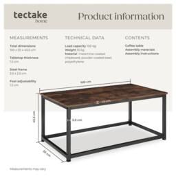 tectake Coffee Table Lynch - Rectangular With Height-Adjustable Plastic Feet in Dark Brown - thumbnail 6