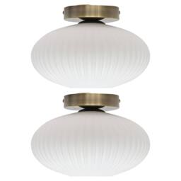 First Choice Lighting Set of 2 Baton - White Ribbed Oval Glass Antique Brass Ceiling Lights