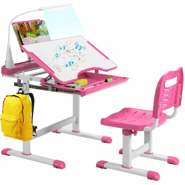 Study Stand Costway Height Adjustable Study Table & Chair Set w/Book Stand & LED ...