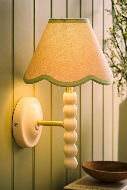 ValueLights Bobbins Cream Bobble Wall Light with Trim Linen Lamp Shade & Bulb in Pale Green - image 1