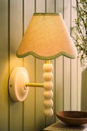 ValueLights Bobbins Cream Bobble Wall Light with Trim Linen Lamp Shade & Bulb in Pale Green