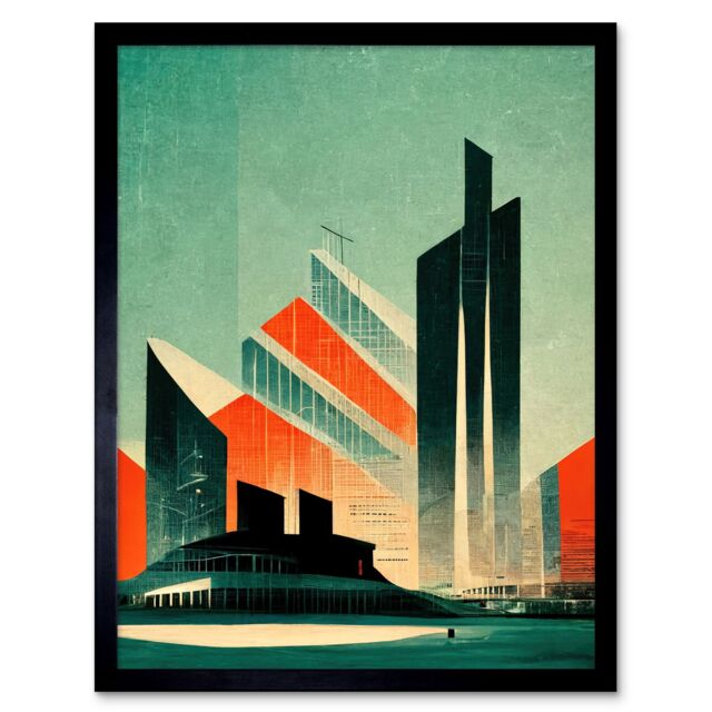 "Artery8 Wall Art Print Futuristic Abstract Architecture Cityscape Teal & Orange Art Framed in Black - Size: W12"" x H16""" - image 1