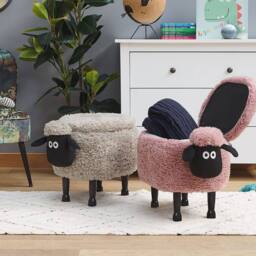 Wyld and Coco Pink Sheep Faux Fur Footstool Lift Up Storage Black Rubberwood Legs