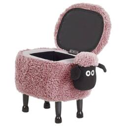 Wyld and Coco Pink Sheep Faux Fur Footstool Lift Up Storage Black Rubberwood Legs - thumbnail 4