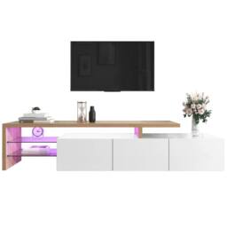 Merax High Gloss White & Oak Effect TV Stand with LED Lights - thumbnail 3