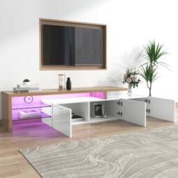 Merax High Gloss White & Oak Effect TV Stand with LED Lights - thumbnail 2