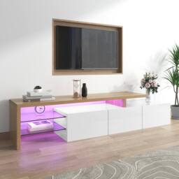 Merax High Gloss White & Oak Effect TV Stand with LED Lights - thumbnail 4
