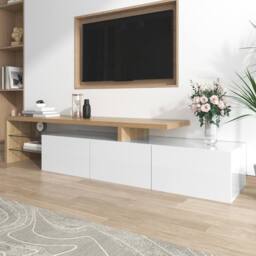 Merax High Gloss White & Oak Effect TV Stand with LED Lights - thumbnail 9