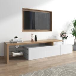 Merax High Gloss White & Oak Effect TV Stand with LED Lights - thumbnail 5
