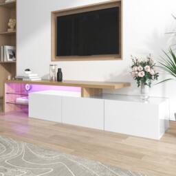 Merax High Gloss White & Oak Effect TV Stand with LED Lights - thumbnail 1