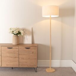 ValueLights Heather Light Wood Stem Floor Lamp with Natural Drum Lamp Shade & LED Bulb in White