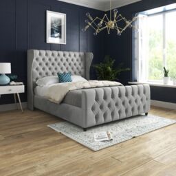 KDMD Dozer Straight Curved Top Upholstered Soft Velvet Designer Bed Frame in Grey - Size: Small Double - thumbnail 2