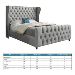 KDMD Dozer Straight Curved Top Upholstered Soft Velvet Designer Bed Frame in Grey - Size: Small Double - thumbnail 5