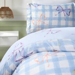 OHS Bow Gingham Bedding Set Microfibre Duvet Cover with Pillowcase in Baby Blue - Size: Single - thumbnail 2