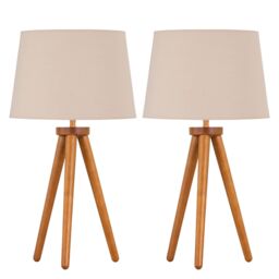 First Choice Lighting Set of 2 Dark Oak Table Lamp or Bedside Lights with Natural Shades in Brown