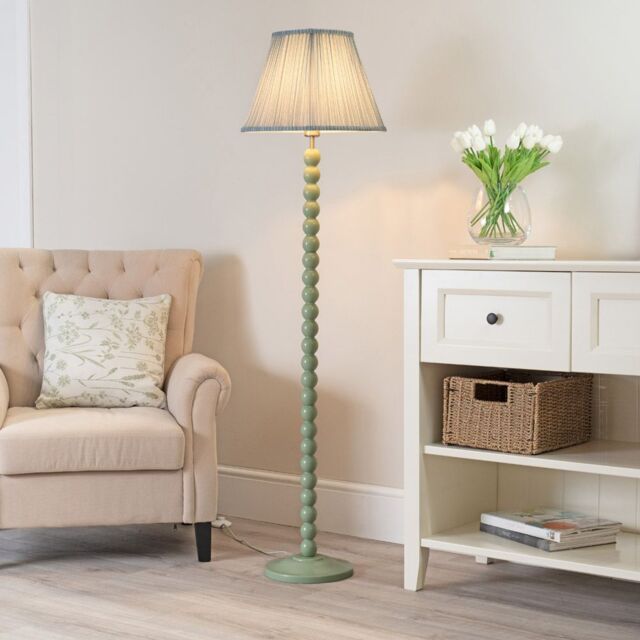 ValueLights Bobbins Sage Green Floor Lamp with Tapered Fabric Pleated Shade & LED Bulb in Pale Blue - image 1