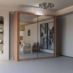 Sliding Wardrobes 4U Modern Mirror Sliding Wardrobe with Top LED Light W120cm x H217cm in Walnut