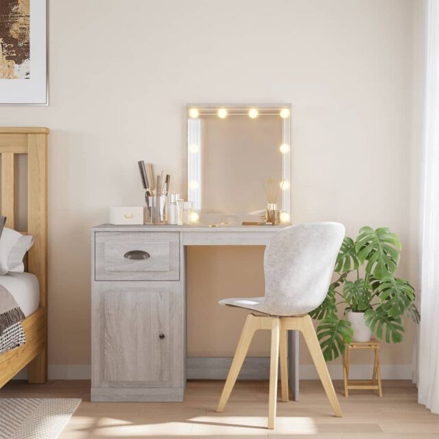 Berkfield Home Dressing Table with LED Lights Grey Sonoma 90x42x132.5 cm in Brown - image 1