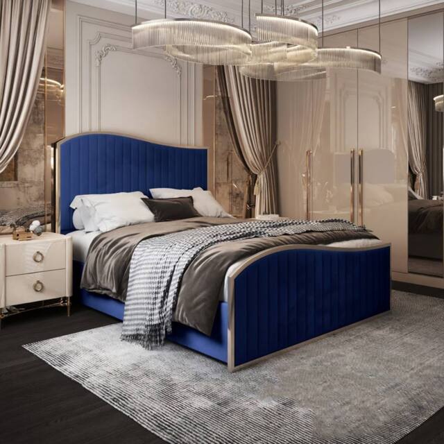 Casani Gainsborough Upholstered Soft Velvet Blue Metal Designer Bed Frame - Size: Single - image 1