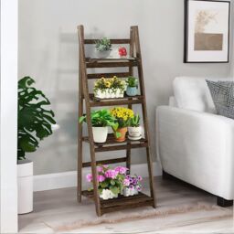 Pirlo Plush 4 Tier Free Standing Ladder Shelf Wooden Plant Stand in Brown - thumbnail 3