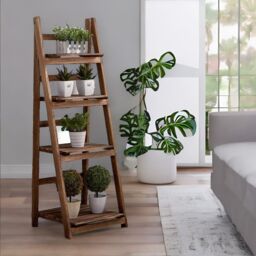 Pirlo Plush 4 Tier Free Standing Ladder Shelf Wooden Plant Stand in Brown - thumbnail 1