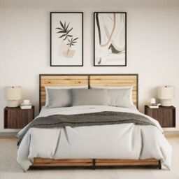 Berkfield Home Wall-mounted Bedside Cabinets with LED Lights 2 pcs Brown Oak - thumbnail 4