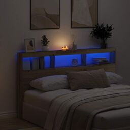 Berkfield Home Headboard Cabinet with LED Artisan Oak 180x17x102 cm in Brown - Size: 180 x 17 x 102 cm
