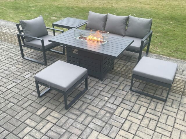 Fimous Aluminium 6 Pieces Garden Furniture Sofa Set with Cushions Gas Fire Pit Dining Table Set with 2 Big Footstools Side Table Dark Grey - image 1