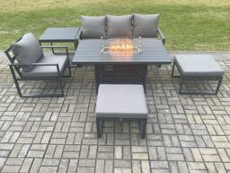 Fimous Aluminium 6 Pieces Garden Furniture Sofa Set with Cushions Gas Fire Pit Dining Table Set with 2 Big Footstools Side Table Dark Grey - thumbnail 2
